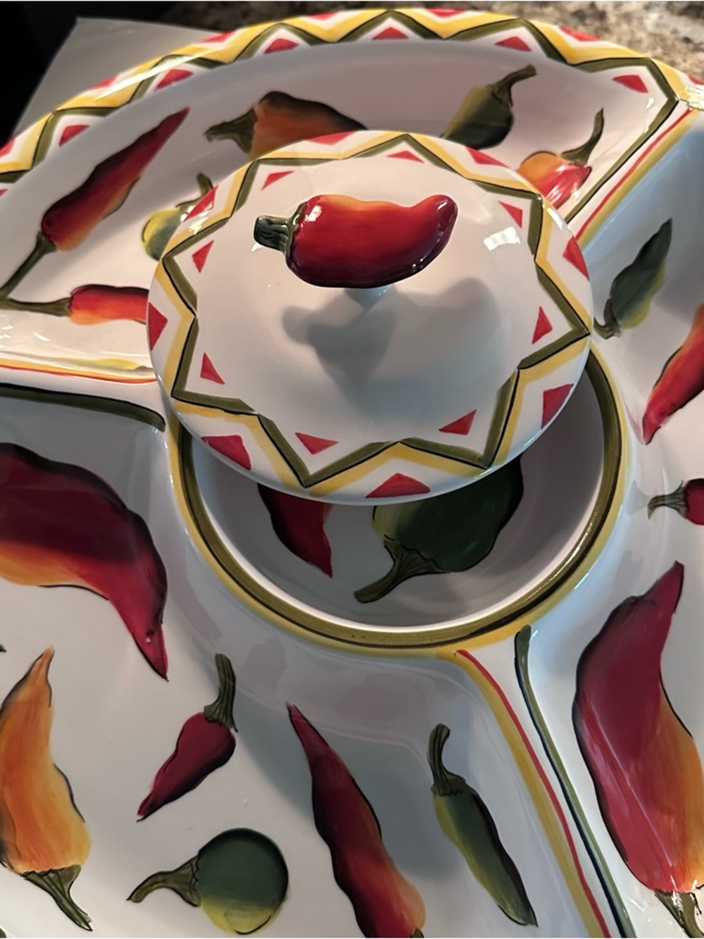 Hand-Painted Red Chili Ceramic Serving Platter with Lid